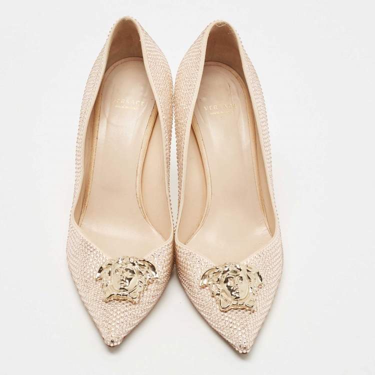 Pre Owned Versace Pink Crystal Embellished Leather Medusa Pumps Size 39