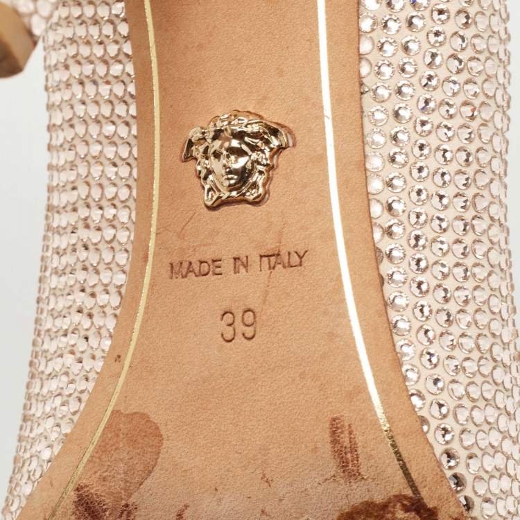 Pre Owned Versace Pink Crystal Embellished Leather Medusa Pumps Size 39