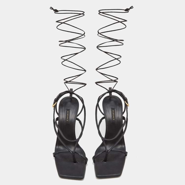 Pre Owned Versace Black Leather Thong Lace Up Sandals Size 38