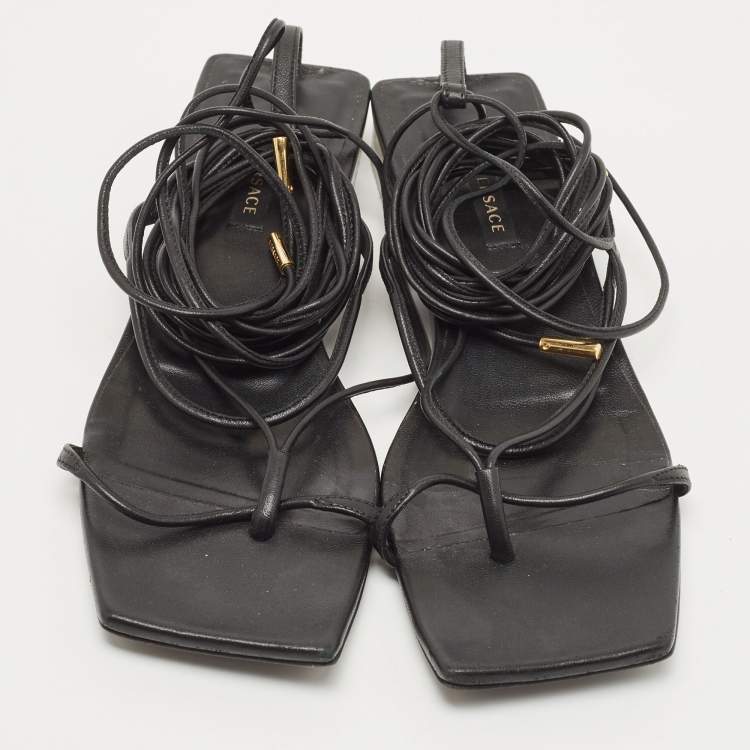 Pre Owned Versace Black Leather Lace Up Thong Sandals Size 38