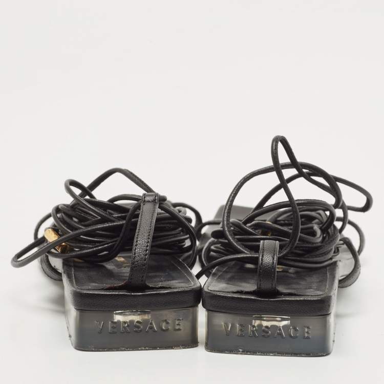 Pre Owned Versace Black Leather Lace Up Thong Sandals Size 38