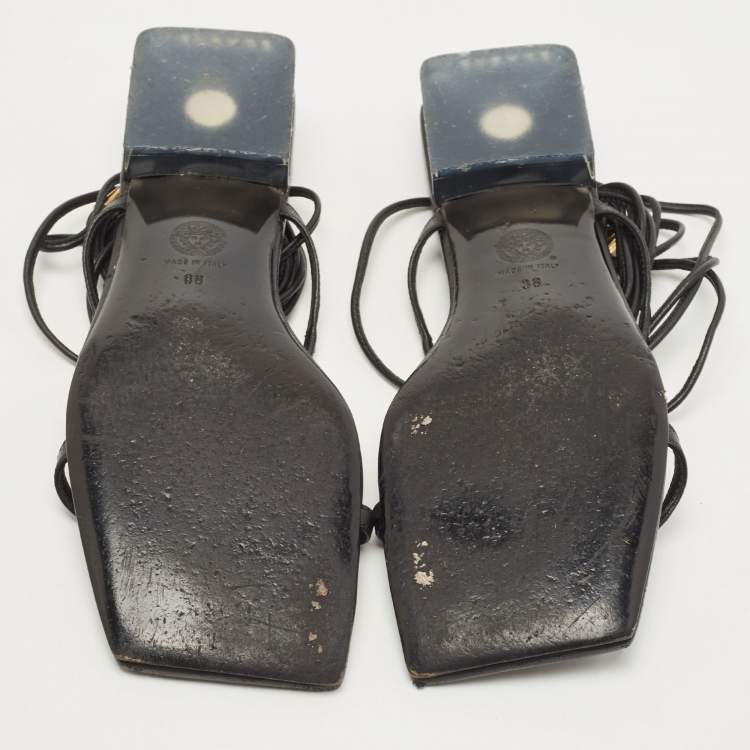 Pre Owned Versace Black Leather Lace Up Thong Sandals Size 38