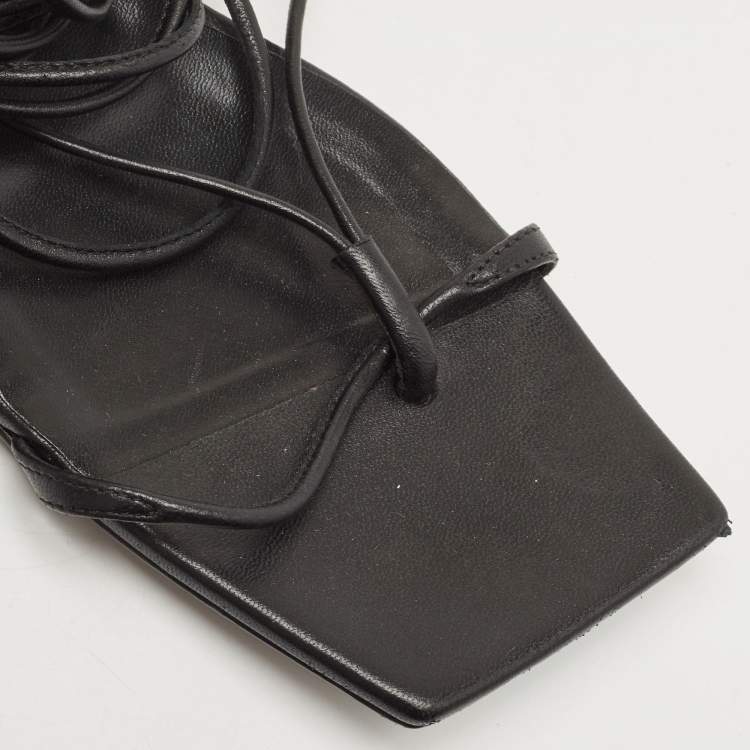 Pre Owned Versace Black Leather Lace Up Thong Sandals Size 38