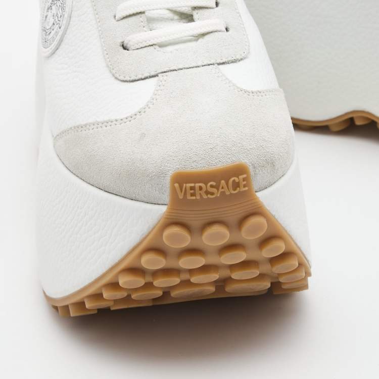 Pre Owned Versace White Leather and Suede Medusa Charm Detail Platform Sneakers Size 37.5