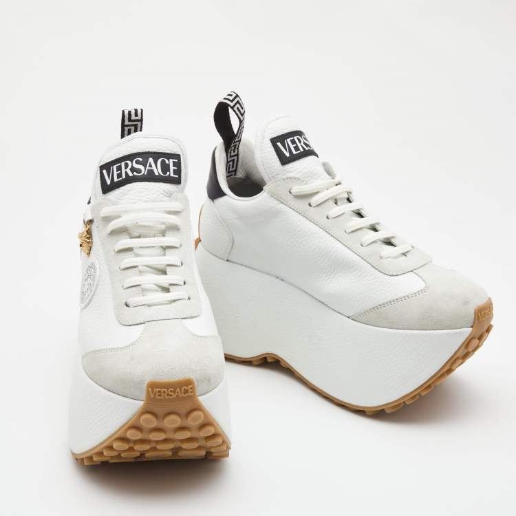 Pre Owned Versace White Leather and Suede Medusa Charm Detail Platform Sneakers Size 37.5