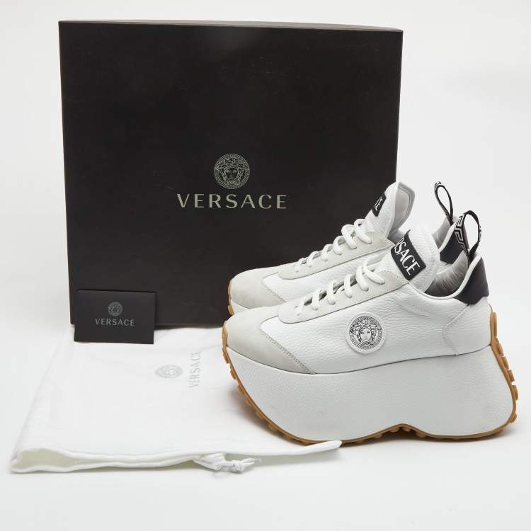 Pre Owned Versace White Leather and Suede Medusa Charm Detail Platform Sneakers Size 37.5