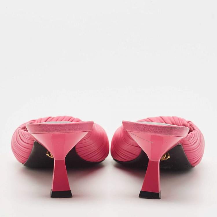 Pre Owned Versace Pink Pleated Leather Plisse Mules Size 38