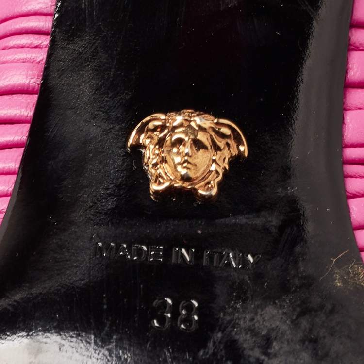 Pre Owned Versace Pink Pleated Leather Plisse Slide Sandals Size 38