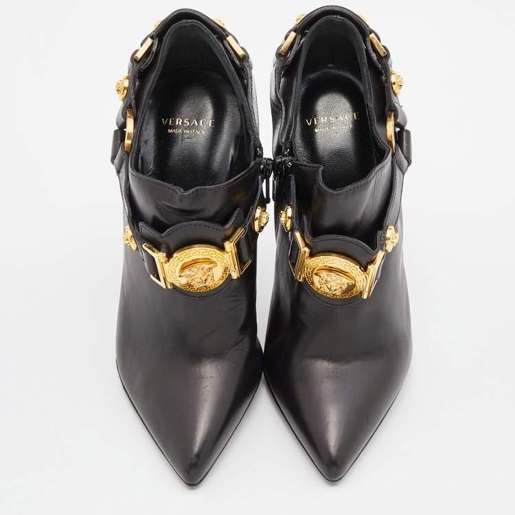 Pre Owned Versace Black Leather Medusa Ankle Length Booties Size 35