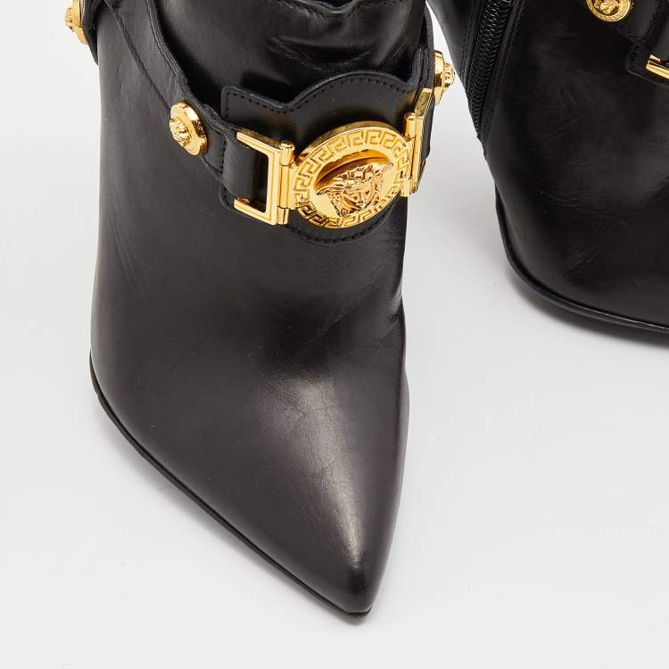 Pre Owned Versace Black Leather Medusa Ankle Length Booties Size 35