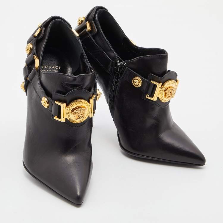 Pre Owned Versace Black Leather Medusa Ankle Length Booties Size 35