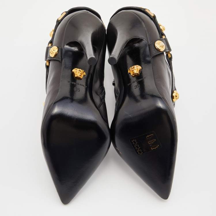 Pre Owned Versace Black Leather Medusa Ankle Length Booties Size 35