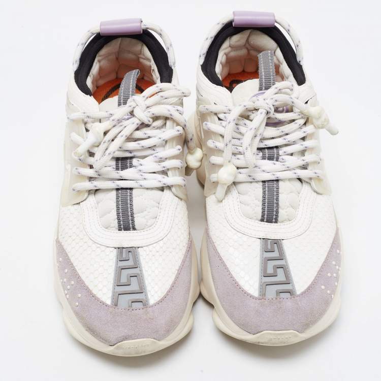 Pre Owned Versace White/Grey Mesh And Nubuck Leather Chain Reaction Sneakers Size 37