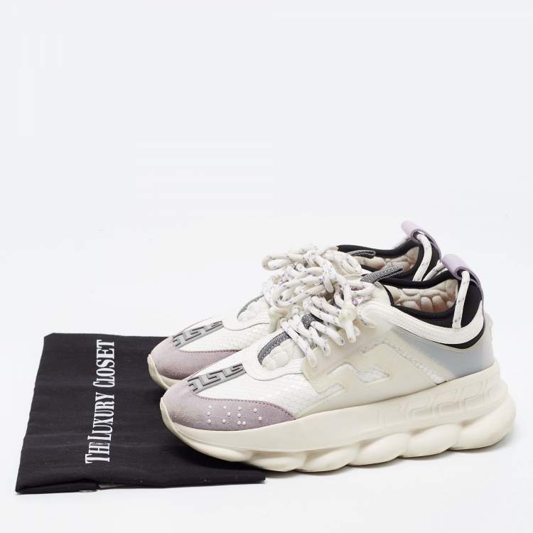 Pre Owned Versace White/Grey Mesh And Nubuck Leather Chain Reaction Sneakers Size 37