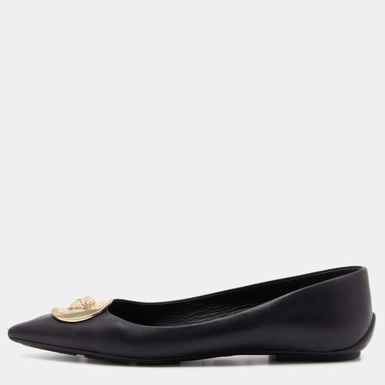 Pre Owned Versace Black Leather Medusa Ballet Flats Size 39