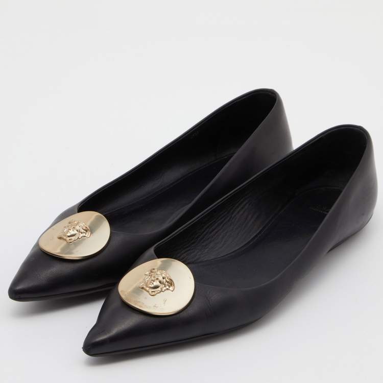 Pre Owned Versace Black Leather Medusa Ballet Flats Size 39