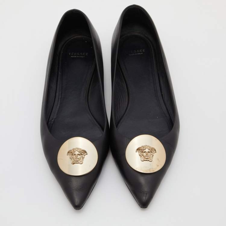 Pre Owned Versace Black Leather Medusa Ballet Flats Size 39