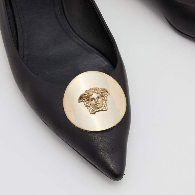 Pre Owned Versace Black Leather Medusa Ballet Flats Size 39