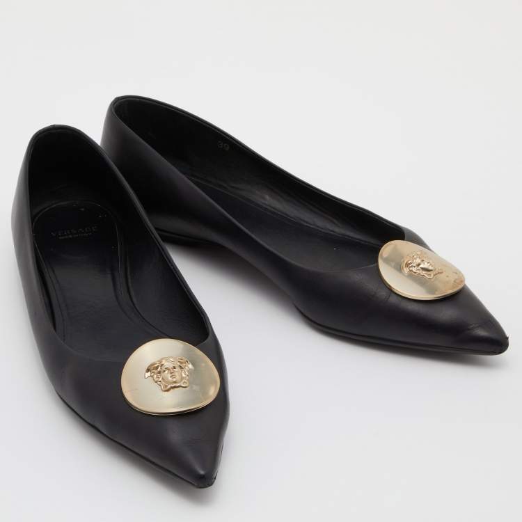 Pre Owned Versace Black Leather Medusa Ballet Flats Size 39