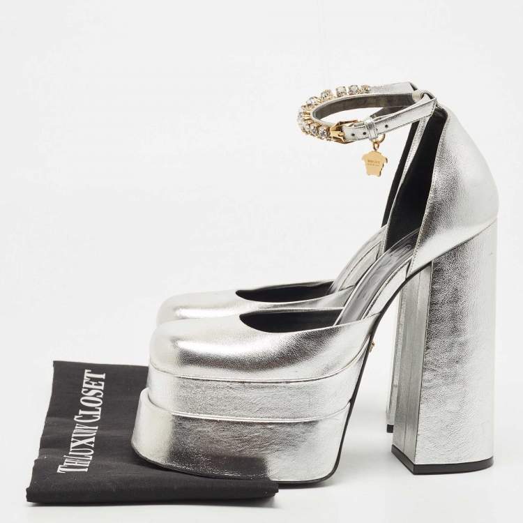 Pre Owned Versace Silver Leather Medusa Aevitas Ankle Strap Platform Pumps Size 38.5
