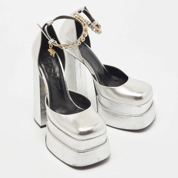 Pre Owned Versace Silver Leather Medusa Aevitas Ankle Strap Platform Pumps Size 38.5