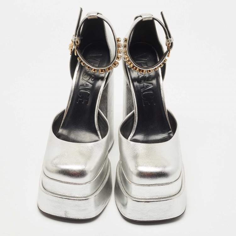 Pre Owned Versace Silver Leather Medusa Aevitas Ankle Strap Platform Pumps Size 38.5