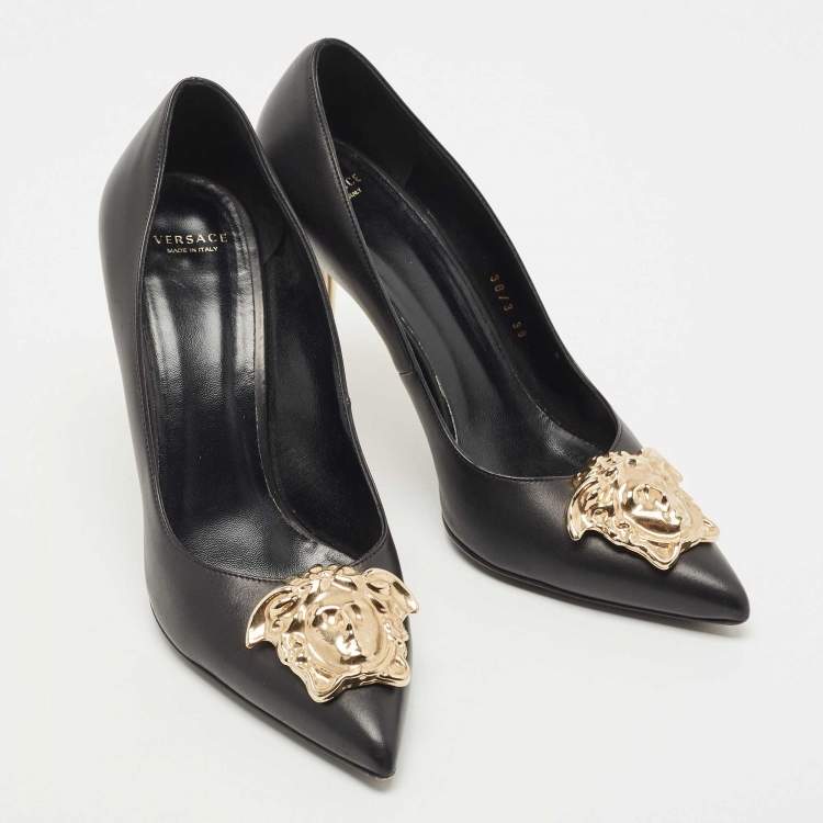 Pre Owned Versace Black Leather Medusa Pointed Toe Pumps Size 39