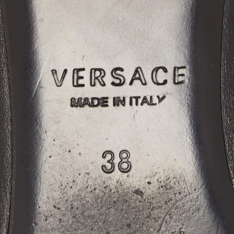 Pre Owned Versace Black Leather Medusa Detail Flats Slides Size 38