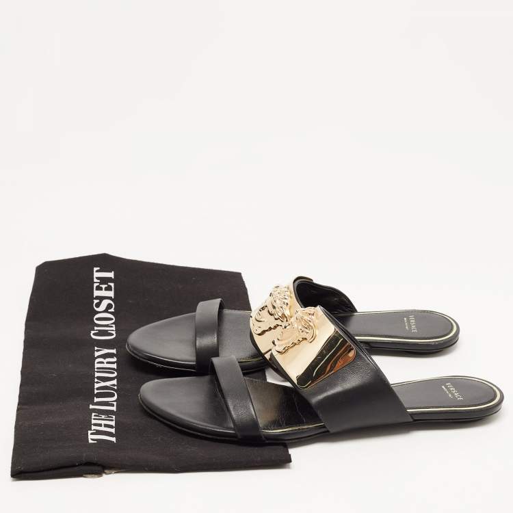 Pre Owned Versace Black Leather Medusa Detail Flats Slides Size 38