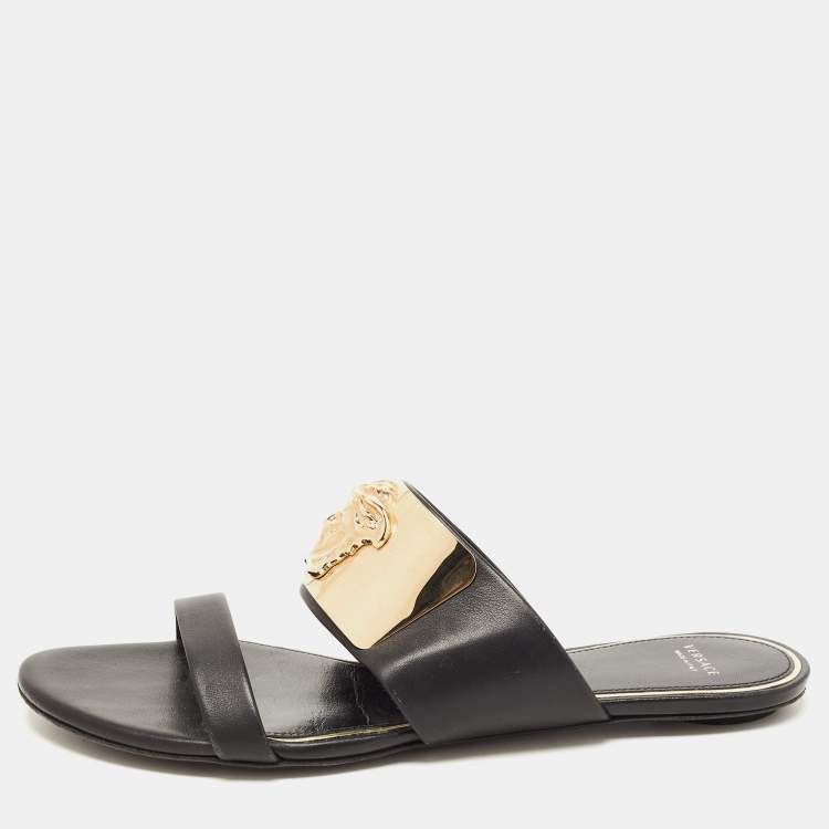 Pre Owned Versace Black Leather Medusa Detail Flats Slides Size 38