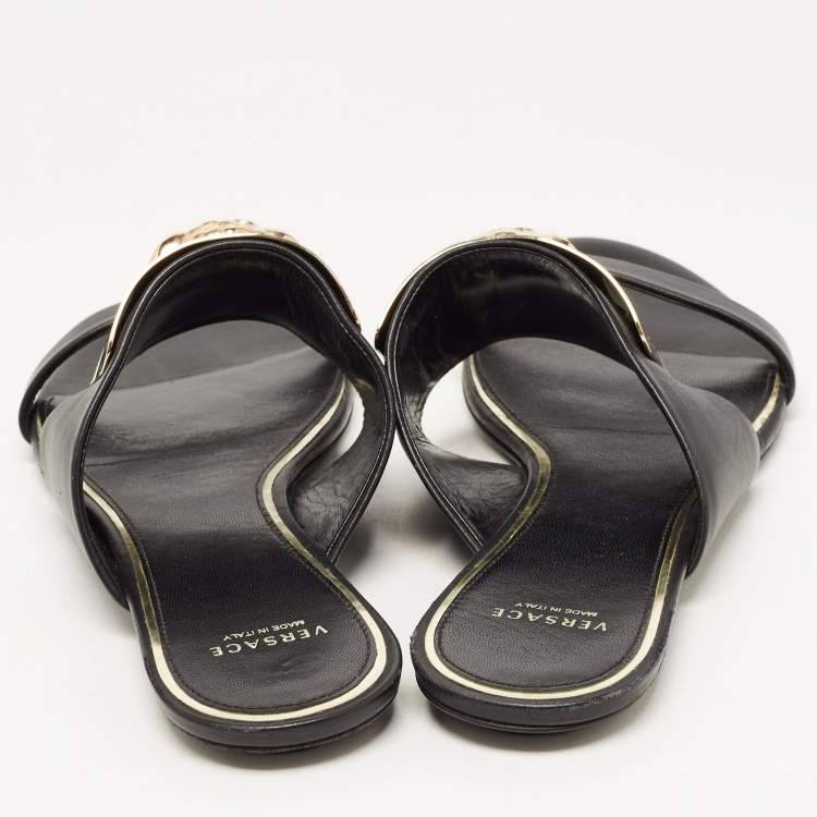 Pre Owned Versace Black Leather Medusa Detail Flats Slides Size 38
