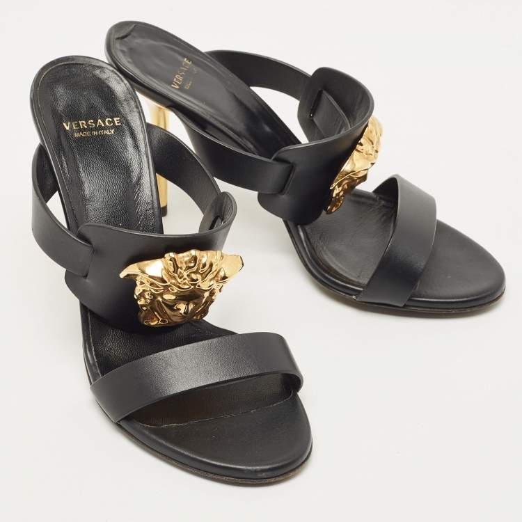 Pre Owned Versace Black Leather Medusa Slide Sandals Size 37