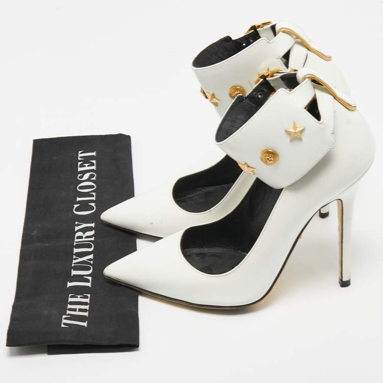 Pre Owned Versace White Leather Studded Ankle Cuff Pumps Size 37