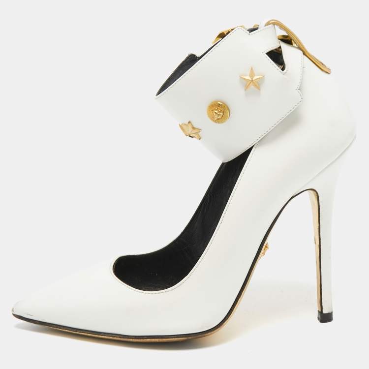 Versace White Leather Studded Ankle Cuff Pumps Size 37 Versace TLC