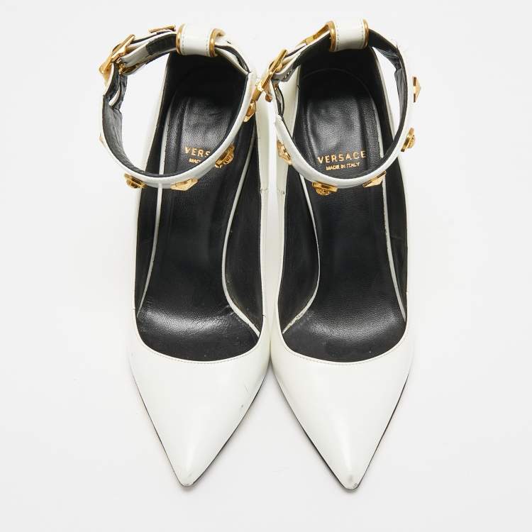Pre Owned Versace White Leather Studded Ankle Cuff Pumps Size 37