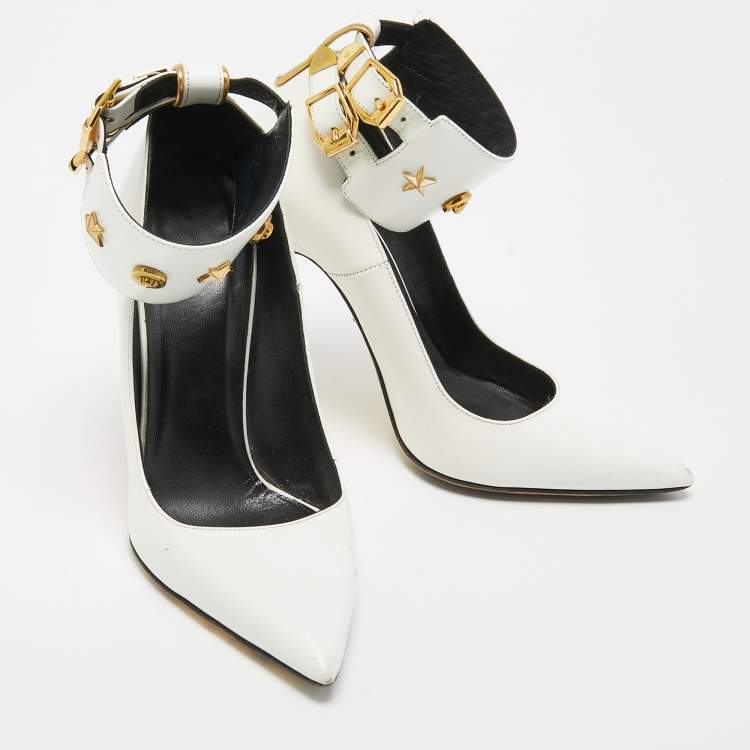 Pre Owned Versace White Leather Studded Ankle Cuff Pumps Size 37