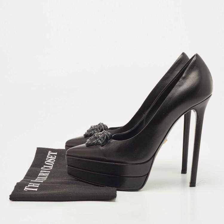 Pre Owned Versace Black Leather with Black Medusa Head Palazzo Platform Pump Size 37