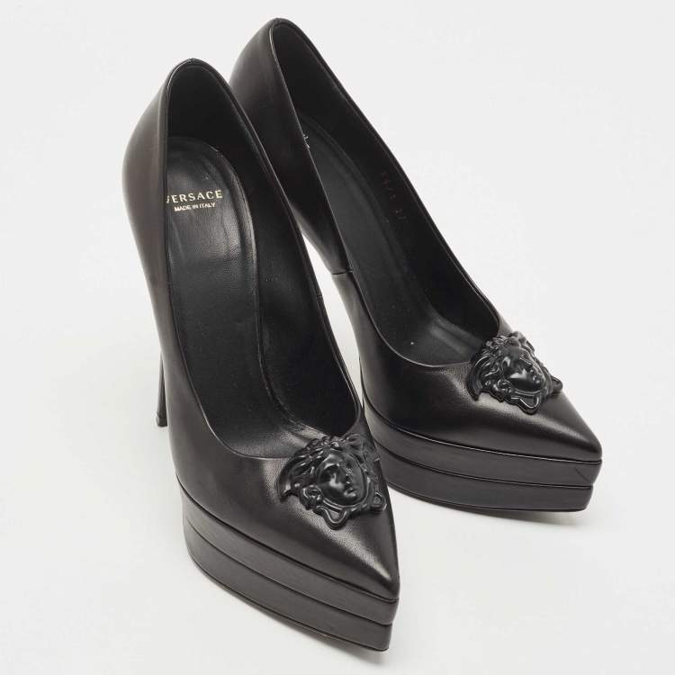 Pre Owned Versace Black Leather with Black Medusa Head Palazzo Platform Pump Size 37
