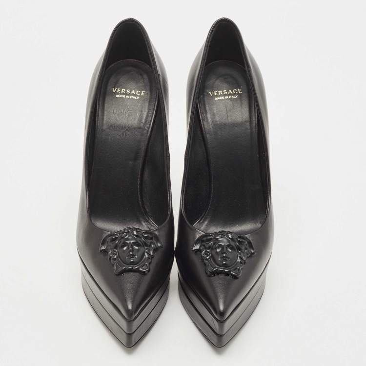 Pre Owned Versace Black Leather with Black Medusa Head Palazzo Platform Pump Size 37