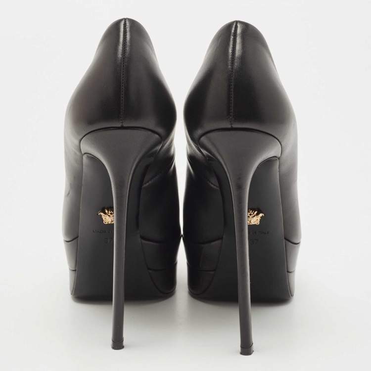 Pre Owned Versace Black Leather with Black Medusa Head Palazzo Platform Pump Size 37