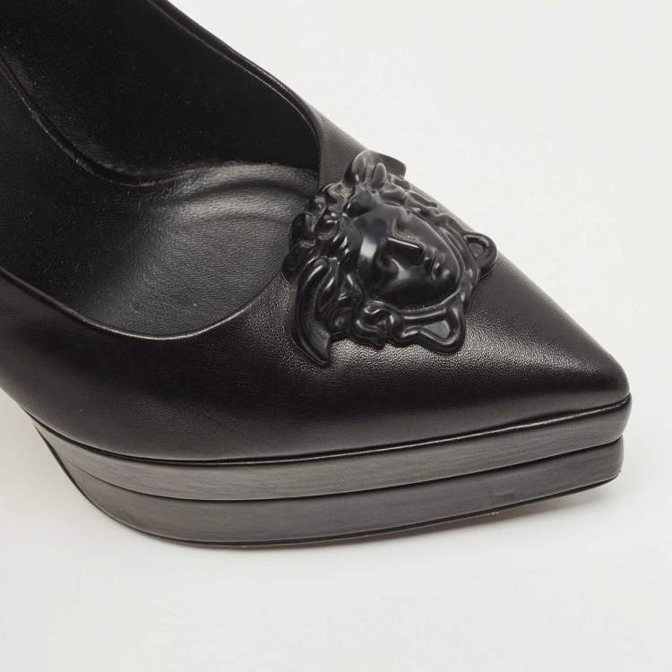 Pre Owned Versace Black Leather with Black Medusa Head Palazzo Platform Pump Size 37
