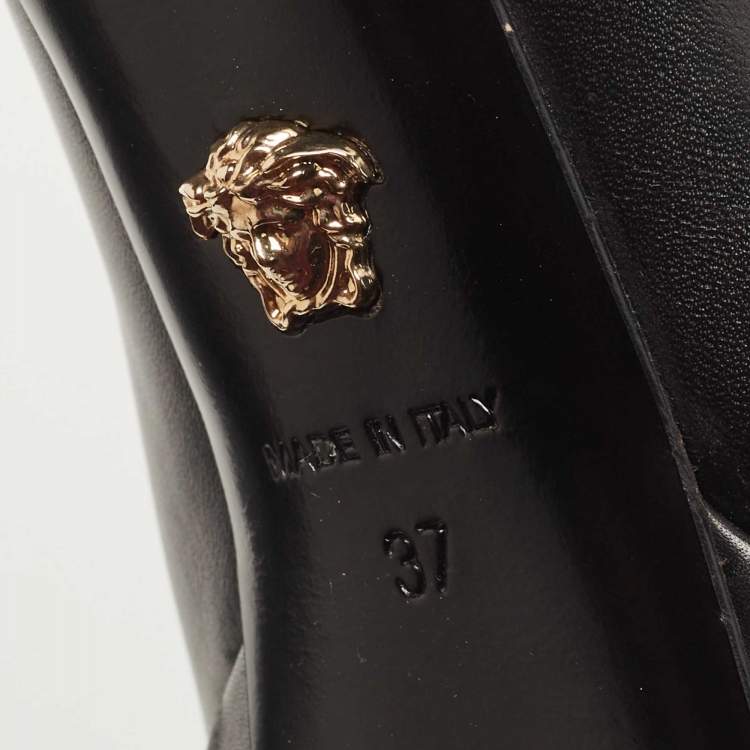 Pre Owned Versace Black Leather with Black Medusa Head Palazzo Platform Pump Size 37