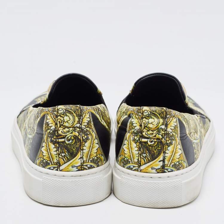 Pre Owned Versace Black/Yellow Floral Printed Leather Medusa Slip On Sneakers Size 37