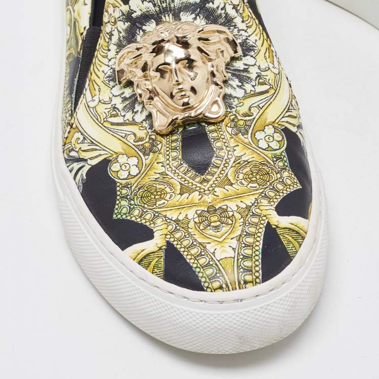 Pre Owned Versace Black/Yellow Floral Printed Leather Medusa Slip On Sneakers Size 37