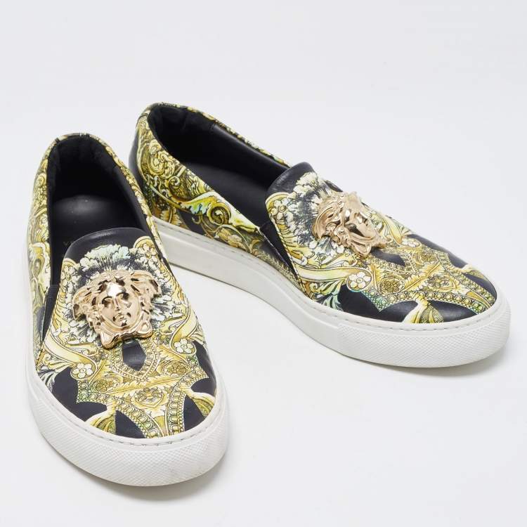 Pre Owned Versace Black/Yellow Floral Printed Leather Medusa Slip On Sneakers Size 37