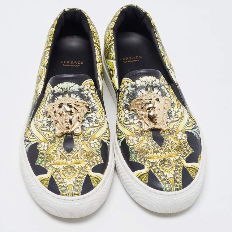 Pre Owned Versace Black/Yellow Floral Printed Leather Medusa Slip On Sneakers Size 37