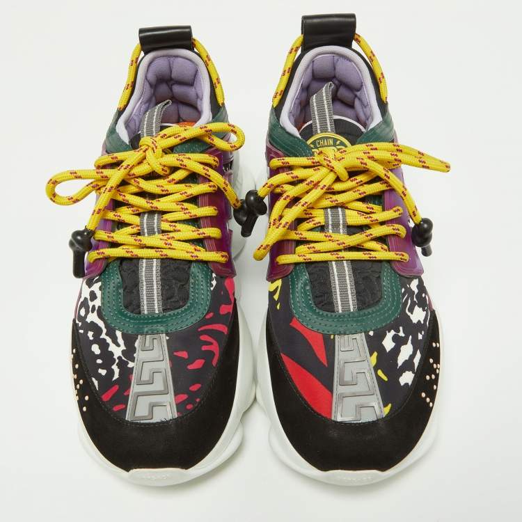Pre Owned Versace Multicolor Leather and Printed Nylon Chain Reaction Sneakers Size 39
