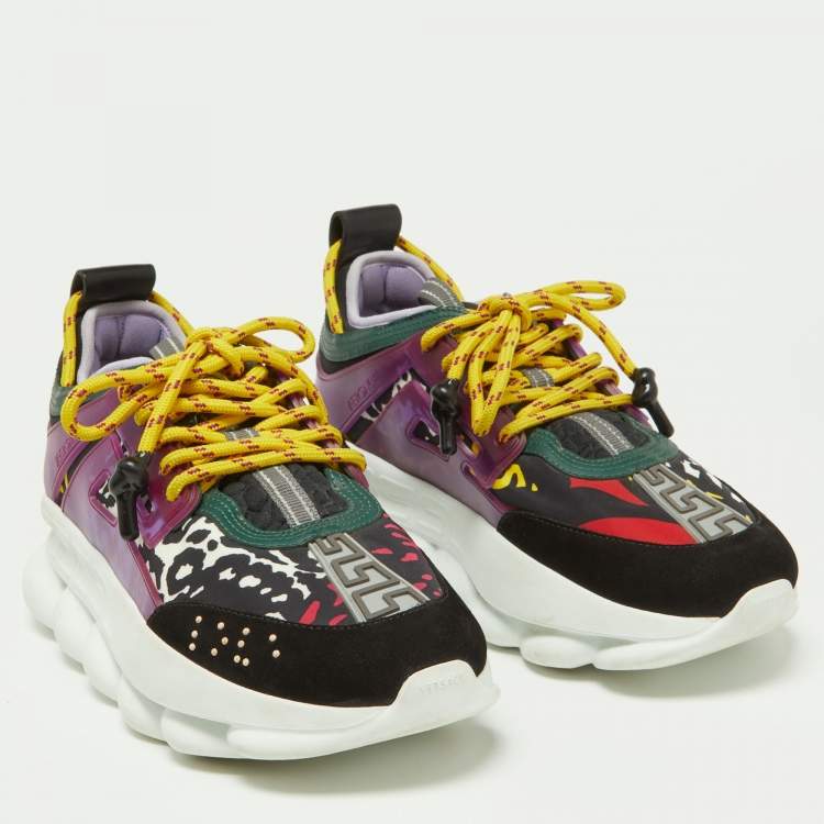 Pre Owned Versace Multicolor Leather and Printed Nylon Chain Reaction Sneakers Size 39