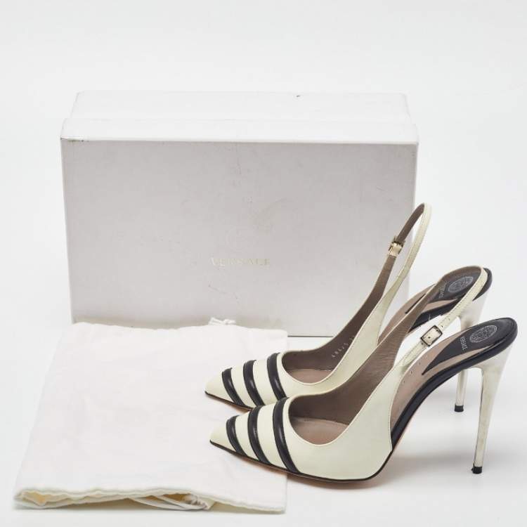 Pre Owned Versace Off White/Black Patent and Leather Slingback Pumps Size 39
