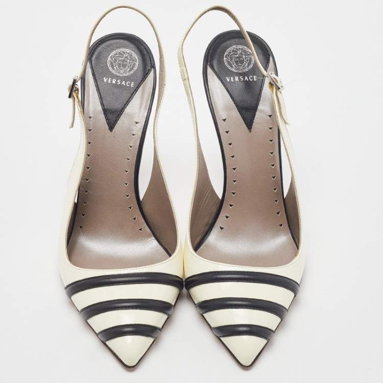 Pre Owned Versace Off White/Black Patent and Leather Slingback Pumps Size 39